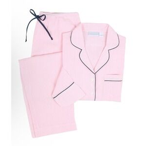 Needham‎ Lane Seersucker Pajama Set Womens L Pink White Long Sleeve Sleepwear